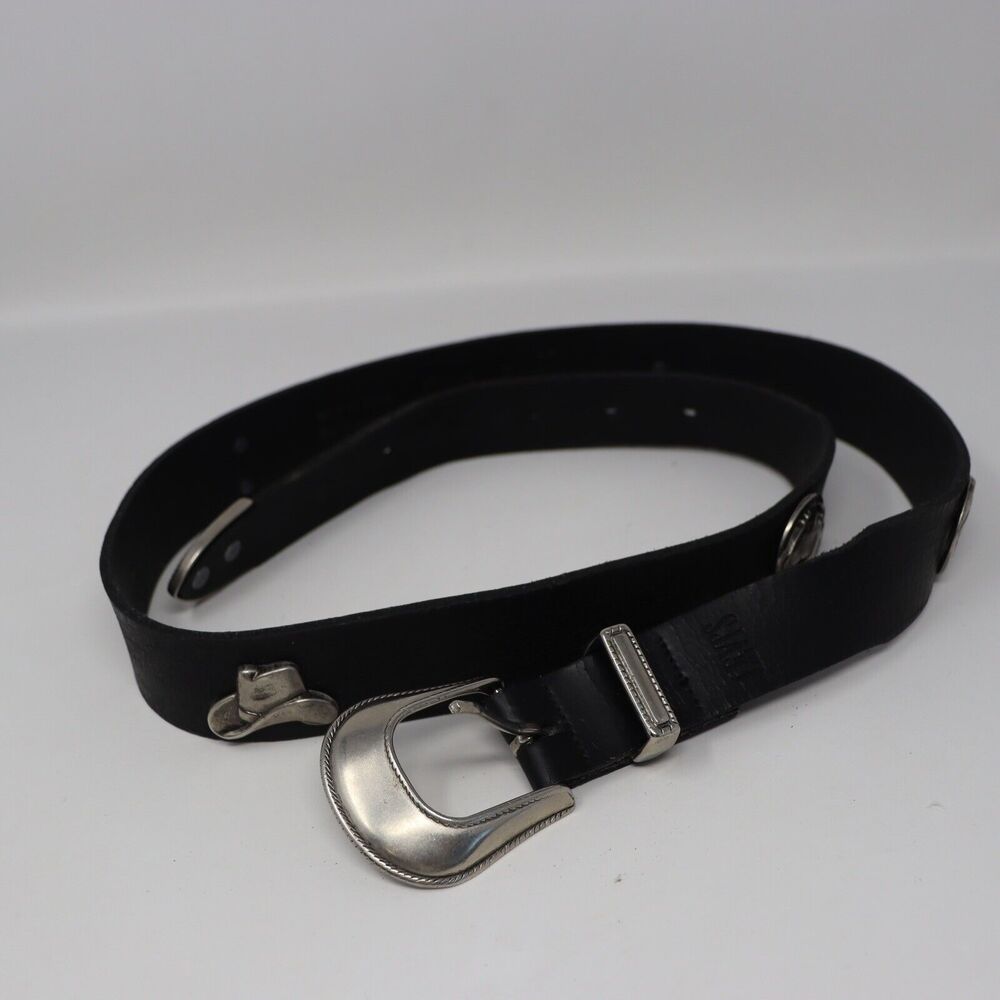Levi's 1860 Black Leather Belt Large 30-34 Southwestern Silver Metal USA Made